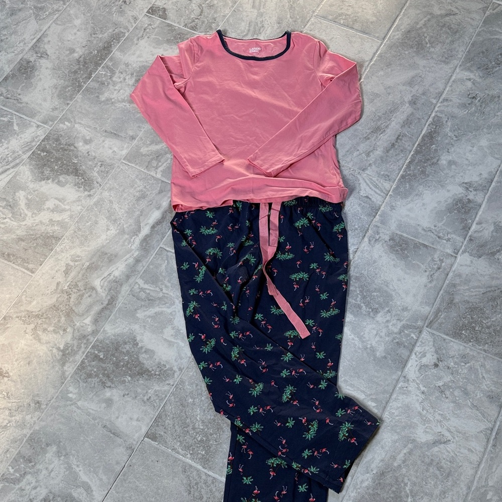 Lands' End Pink Long-Sleeve Top with Navy Tropical Print Pajama Pants